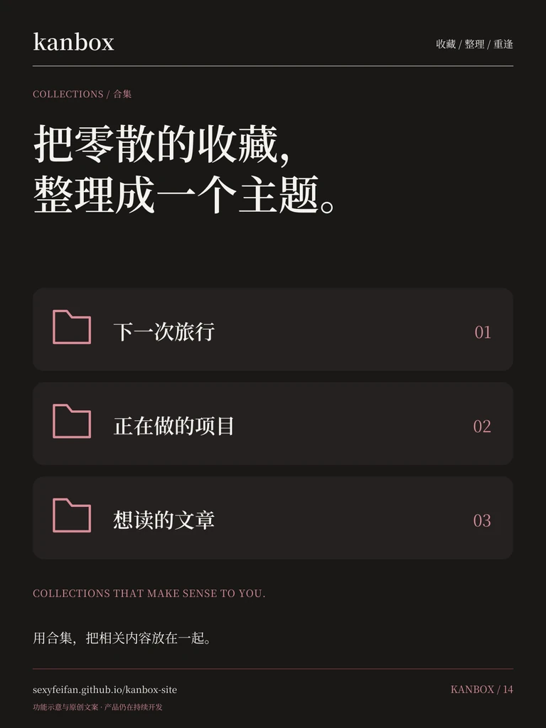 Kanbox 合集海报：把零散的收藏，整理成一个主题。 用合集，把相关内容放在一起。