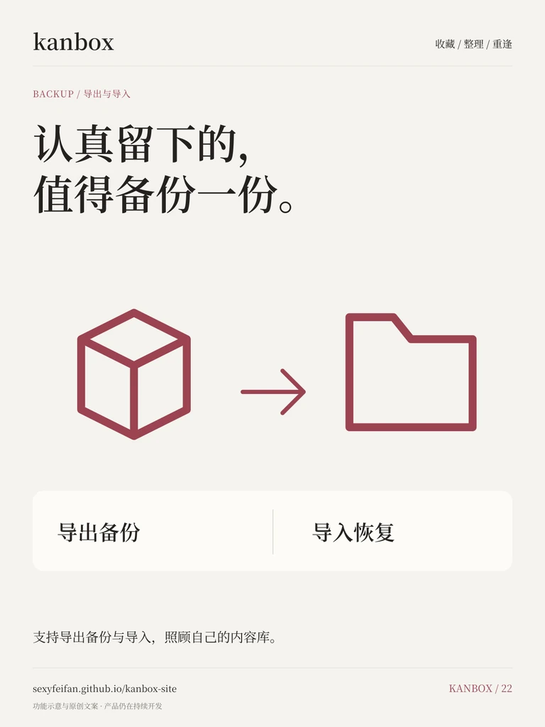 Kanbox 备份海报：认真留下的，值得备份一份。 支持导出备份与导入，照顾自己的内容库。